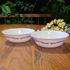 Vintage White Corelle Bowls with Red 'M'm 'M'm! Good!' Script - Set of 2